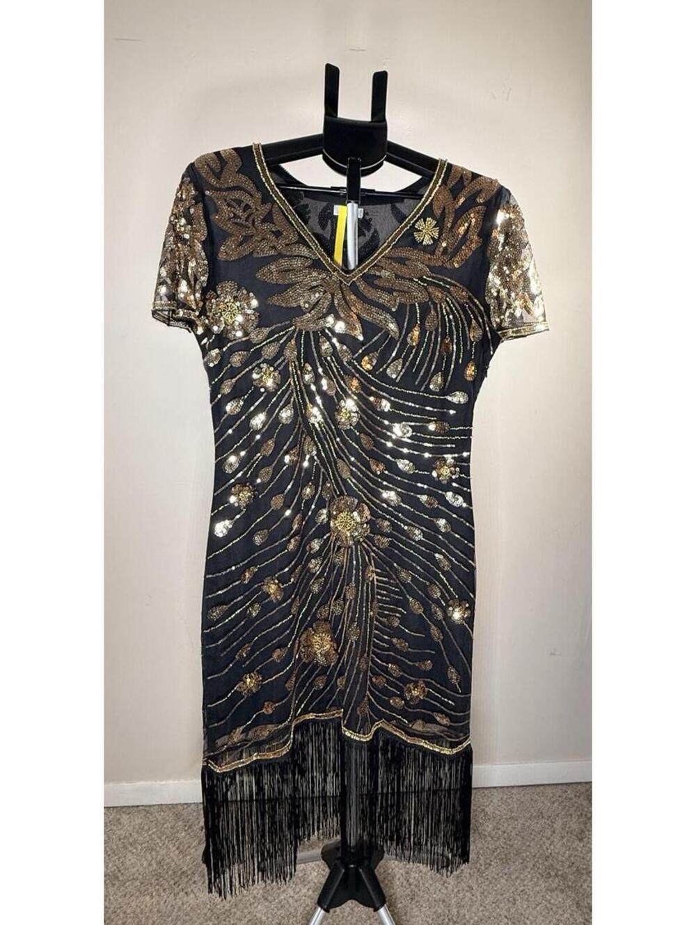 Yessa 1920's Flapper Dress Black Gold Sequin Floral Fringe  Size XL
